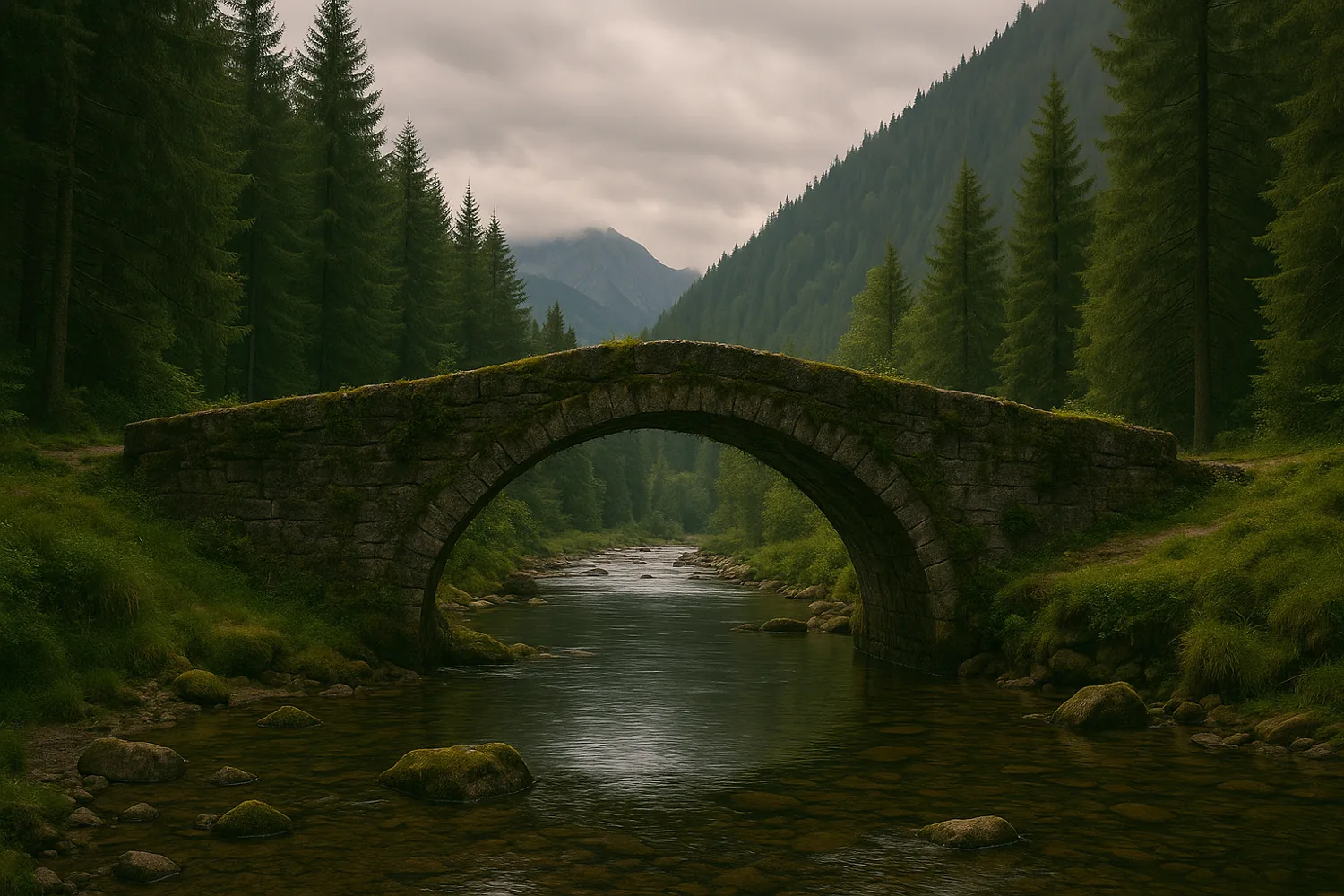 Eine alte Steinbrücke über einem Fluss in einem bewaldeten Tal
